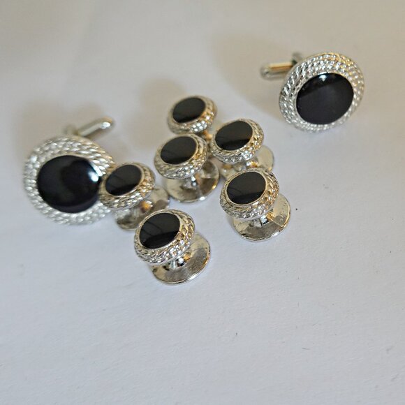 Silver and Onyx Cufflinks and 6 Studs - Picture 1 of 2